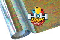The image shows a close-up view of an oil metallic textile foil. The foil features a shiny, metallic surface with a unique, iridescent effect, resembling the colors seen in an oil slick but in a parallel line pattern.