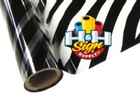 The image shows a piece of textile foil with a zebra design. The background of the foil is clear, and it has black stripes in a zebra pattern spread throughout the foil.
